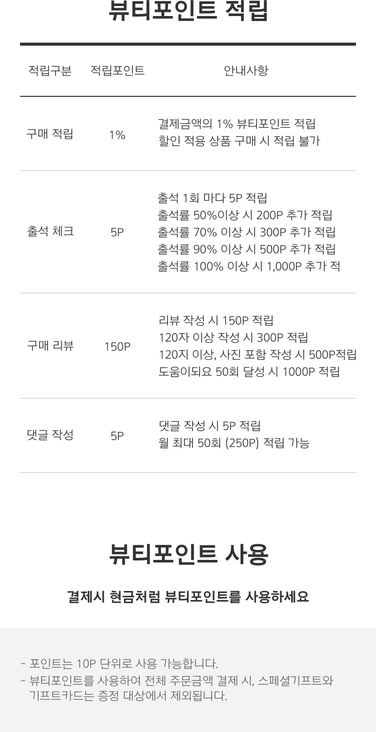 뷰티포인트 사용 : 결제시 현금처럼 뷰티포인트를 사용하세요. 1. 포인트는 10P 단위로 사용 가능합니다. 2. 뷰티포인트 사용하여 전체 주문금액 결제 시, 스페셜기프트와 키프트카드는 증정 대상에서 제외됩니다.